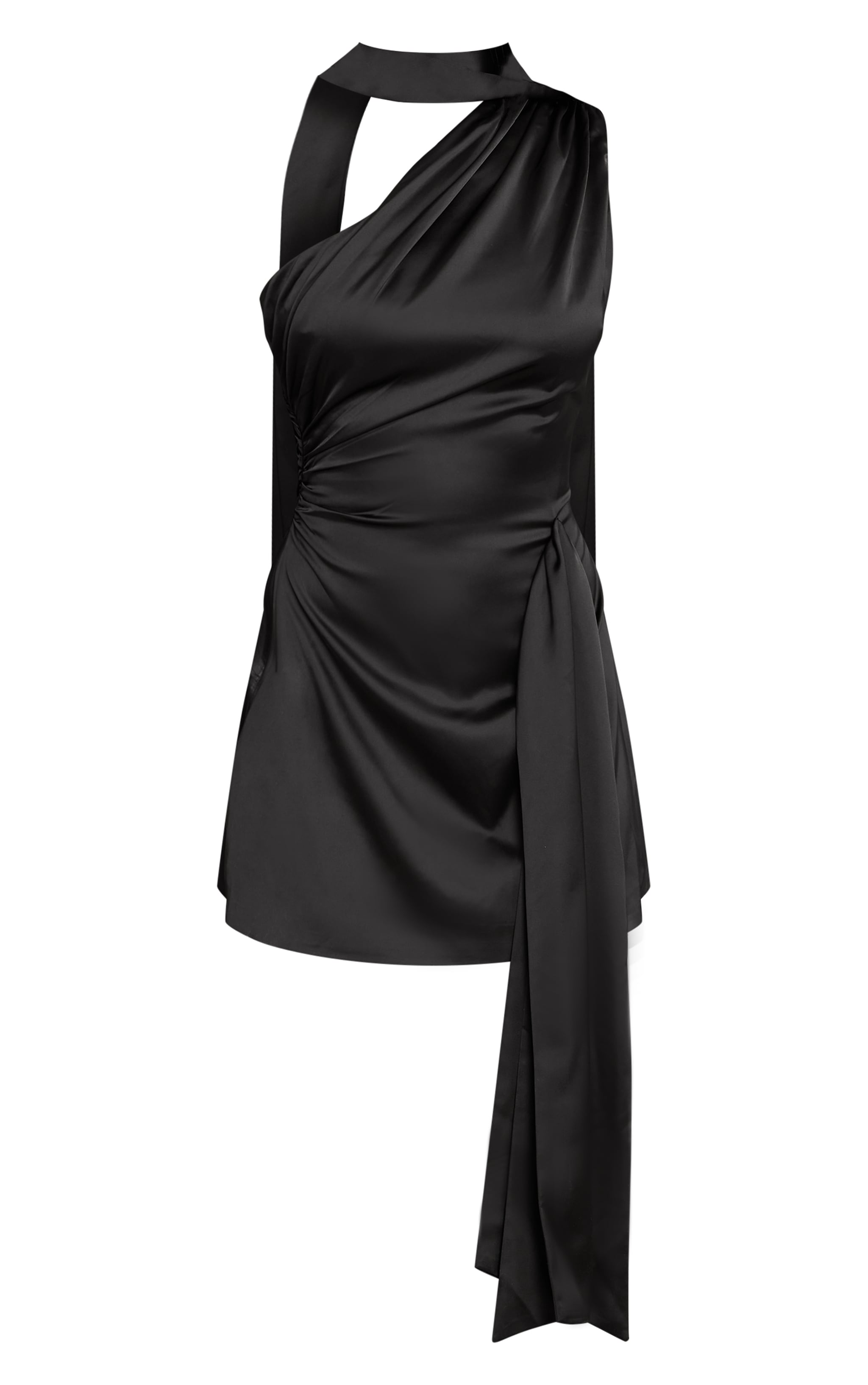 Black Satin One Shoulder Drape Detail Mini Shift Dress image 5