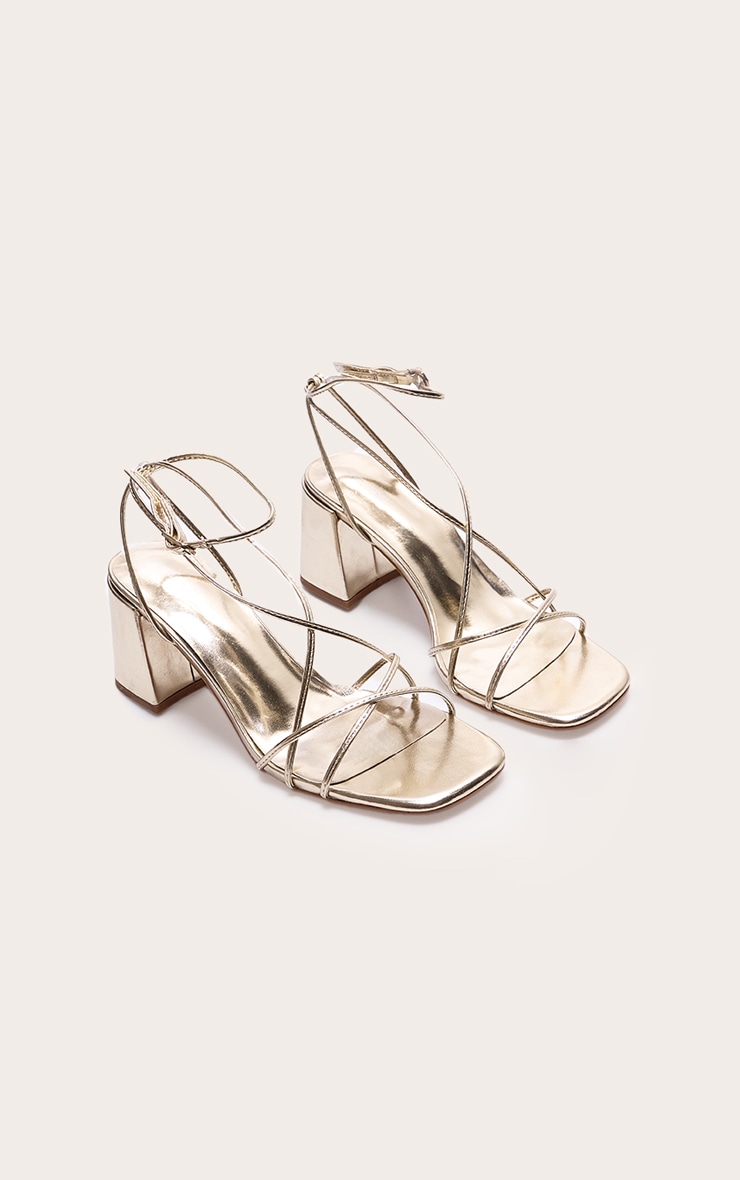 Gold PU Round Toe Strappy Mid Block Heel Sandals image 1