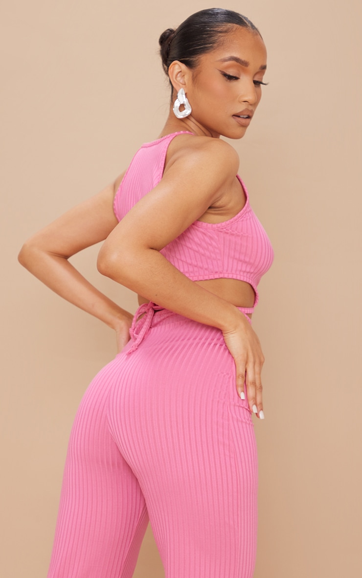 Petite Hot Pink Halter Neck Ribbed Crop Top image 2