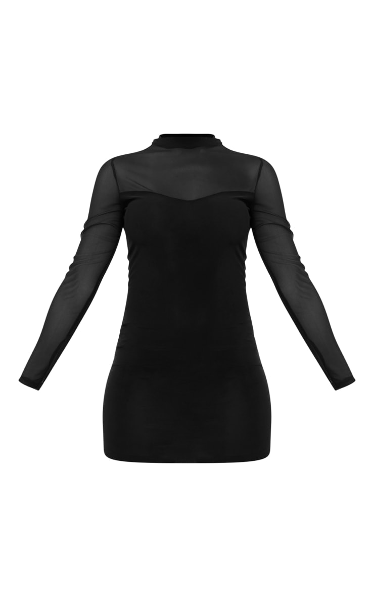 Black Slinky Mesh Insert Long Sleeve Bodycon Dress image 5