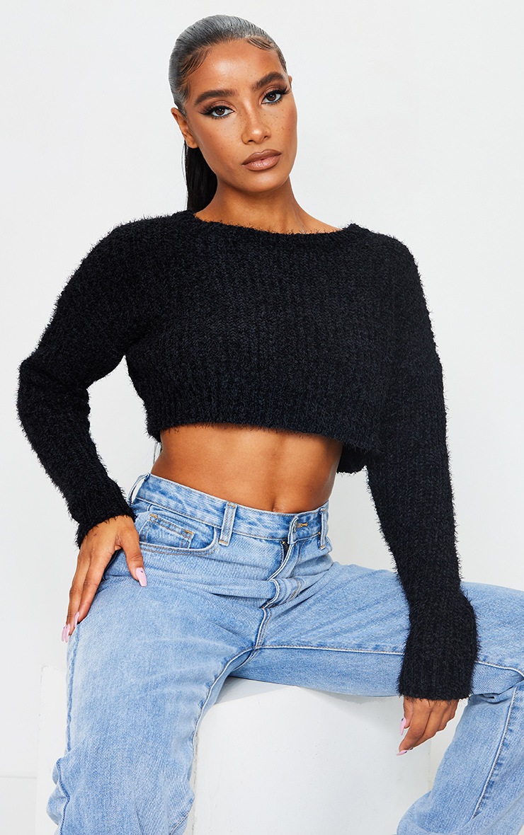Black Fluffy Chenille Crop Sweater