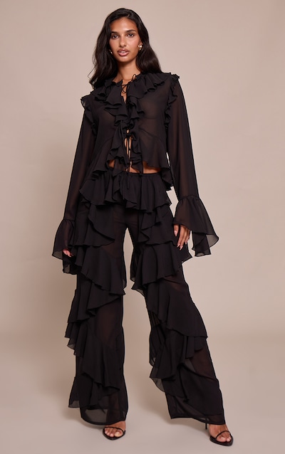 Black Chiffon Frill Straight Leg Pants