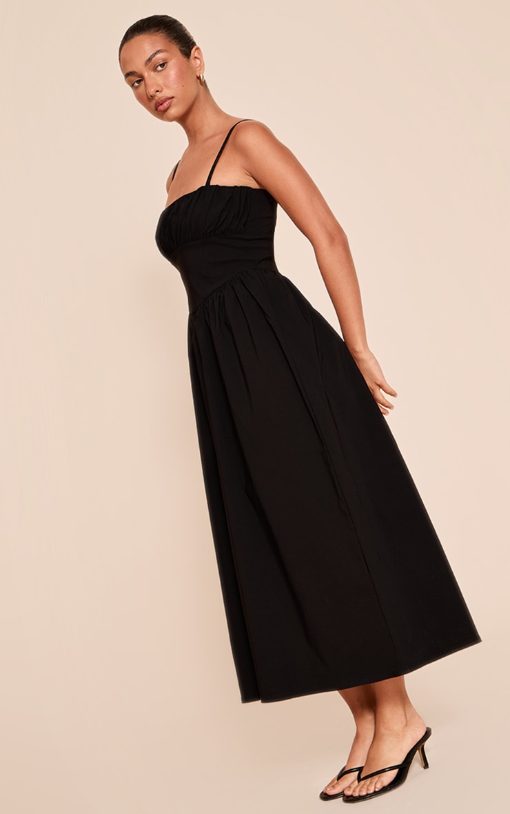 Black Stretch Woven Ruched Bust Detail Strappy Maxi Dress image 3