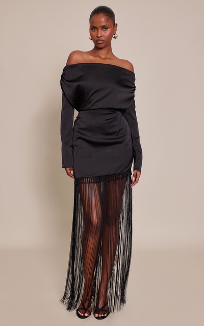 Black Satin Beaded Tassel Hem Detail Maxi Dress