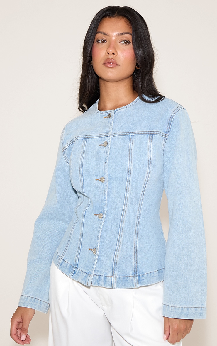 Light Blue Cinched Long Sleeve Denim Jacket image 1