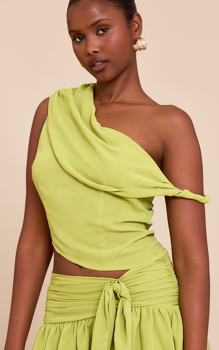 Green Drape Detail Asymmetric Chiffon Top image 4