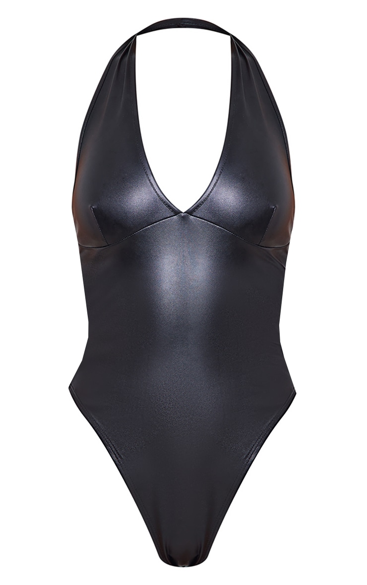 Deep Black Faux Leather Halterneck Bodysuit image 5