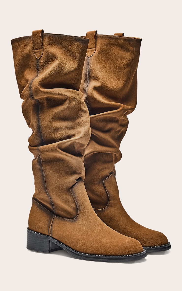 Brown Burnish PU Low Heeled Ruched Knee High Boot image 3