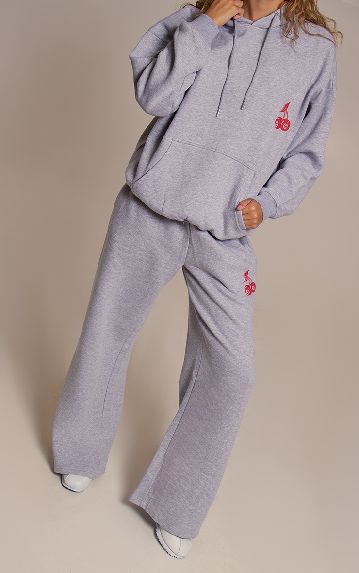 Grey Marl Cherry Print Oversized Wide Leg Track Pants image 2