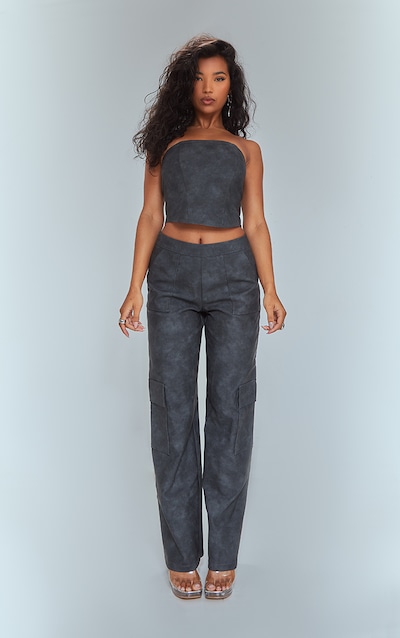 Black Washed Faux Leather Pocket Detail Extreme Wide Leg Pants