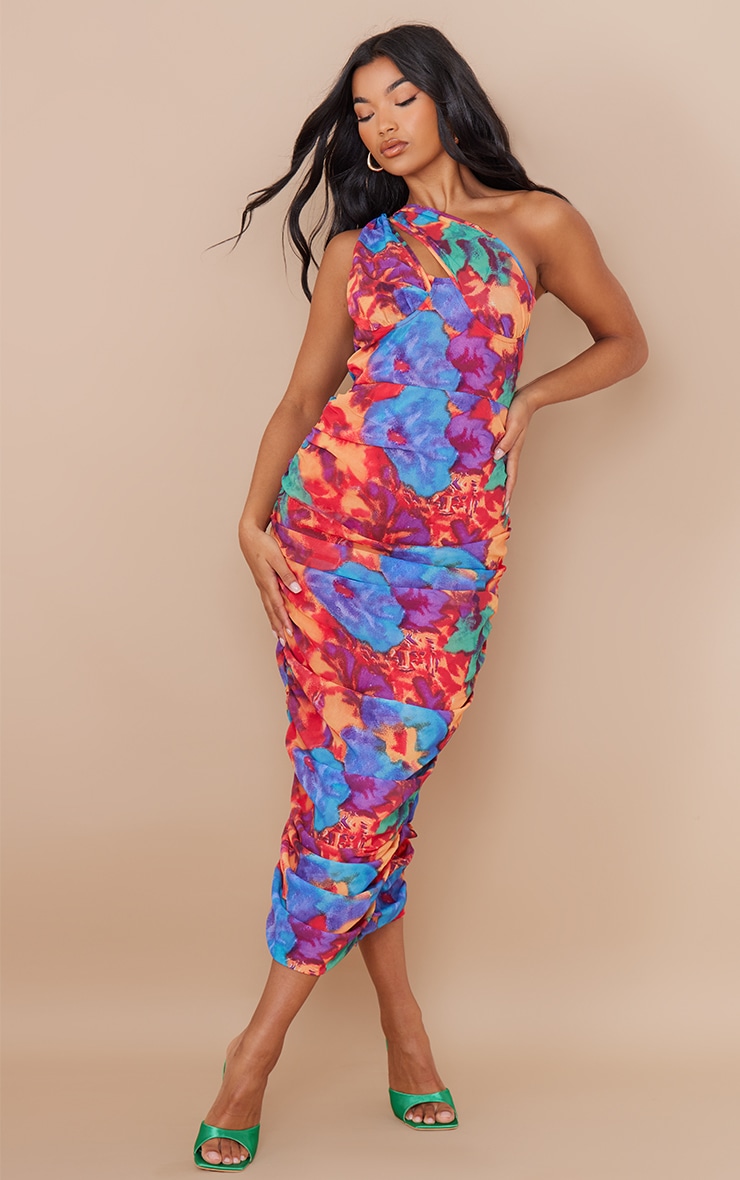 Multi Floral Print Underwired One Shoulder Drape Midaxi Dress