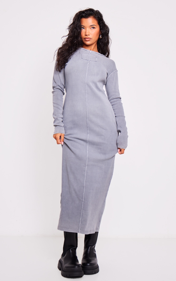 Grey Ribbed Exposed Seam Long Sleeve Maxi Dress image 1