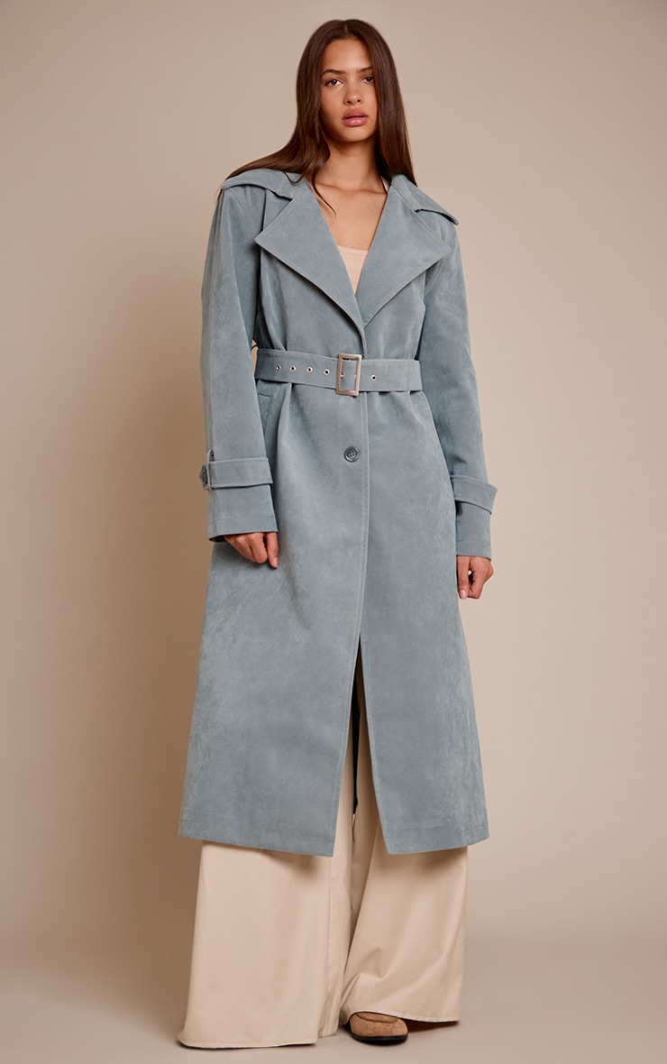 Dusty Blue Faux Suede Belted Trench Coat