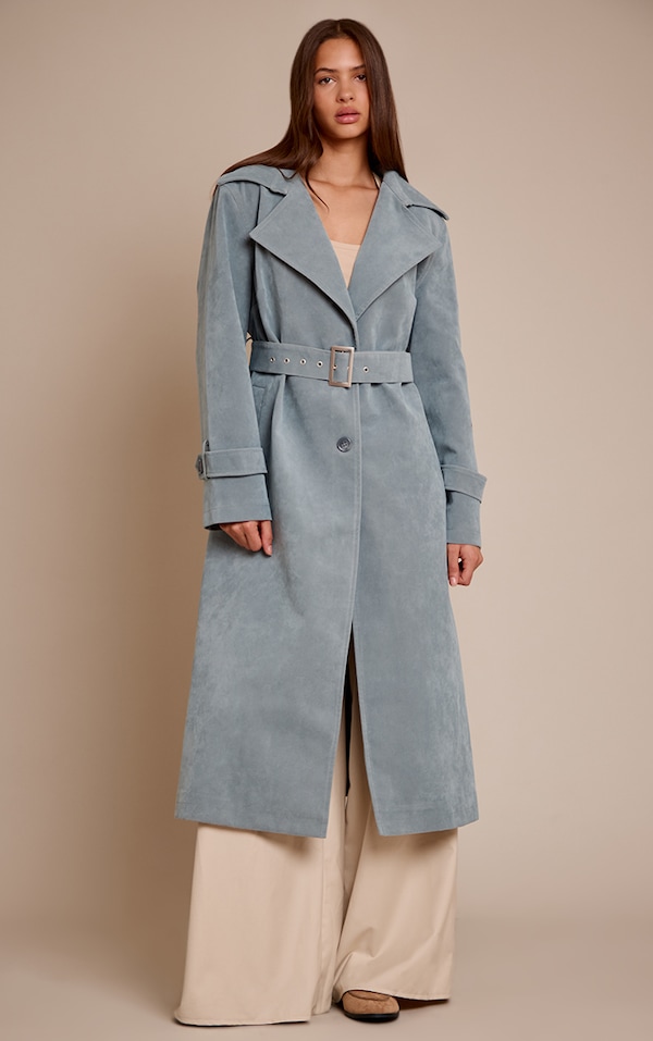 Dusty Blue Faux Suede Belted Trench Coat