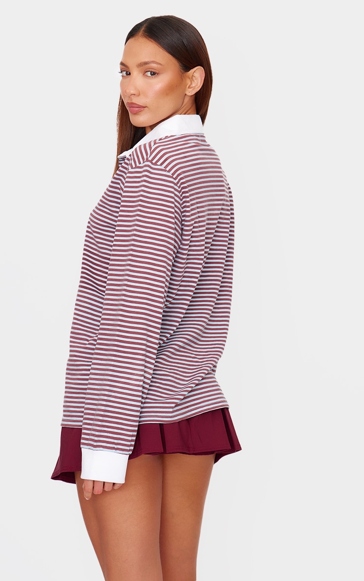 Burgundy Striped Collared Oversized Long Sleeve T Shirt image 2