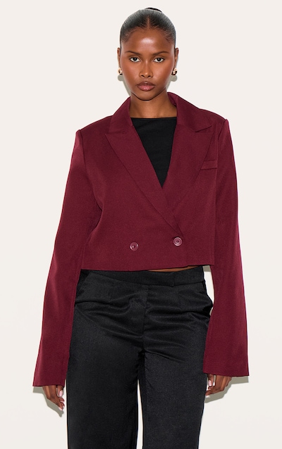 Burgundy Woven Cropped Shoulder Padded Blazer