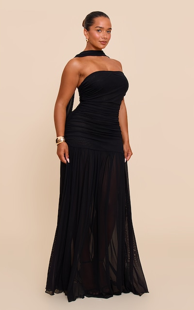 SHAPE BLACK Ruched Scarf Dropped Waist Maxi Dress