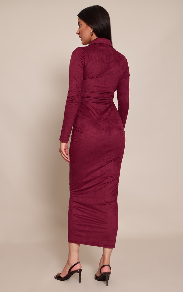 Wine Faux Suede Long Sleeve Ruched Button up Maxi Dress image 2
