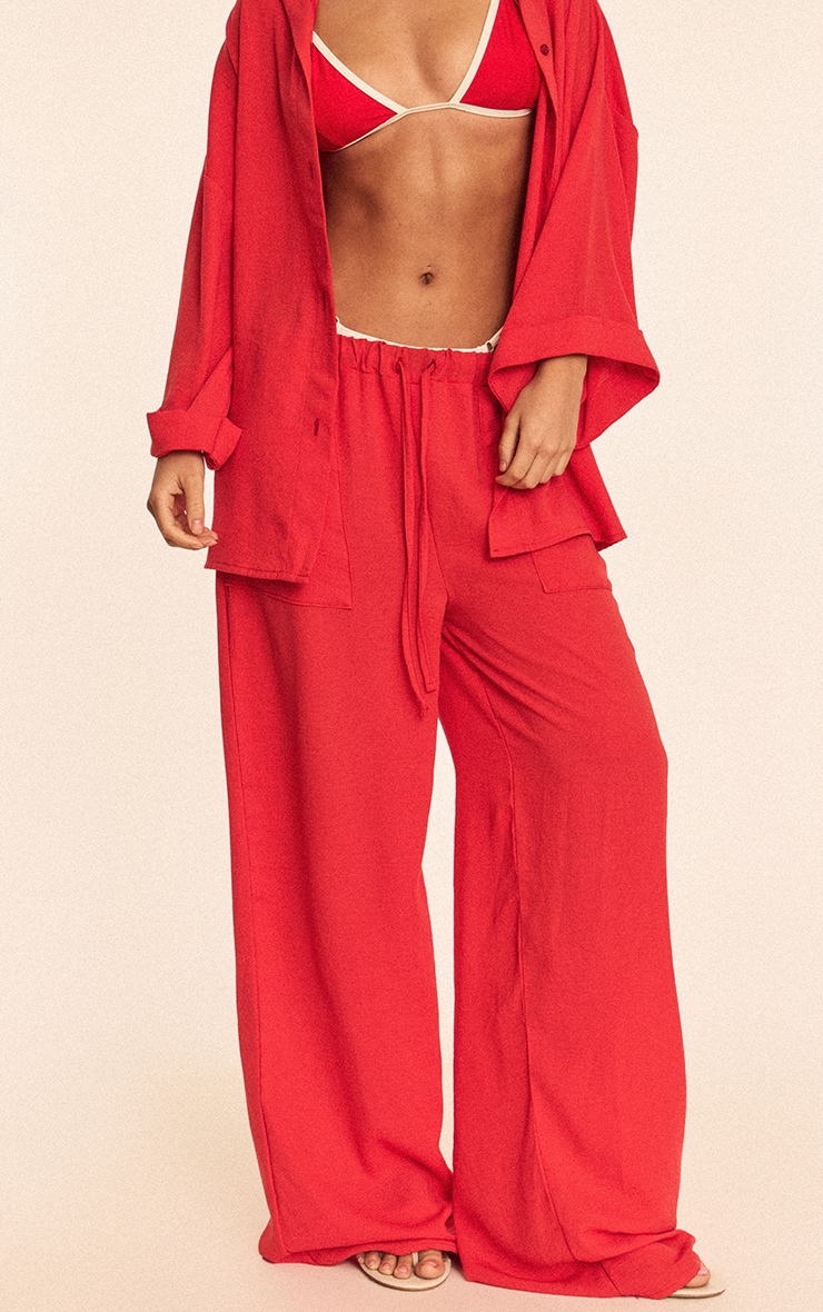 Pantalon de plage fluide en effet lin rouge à cordons ajustables image 2
