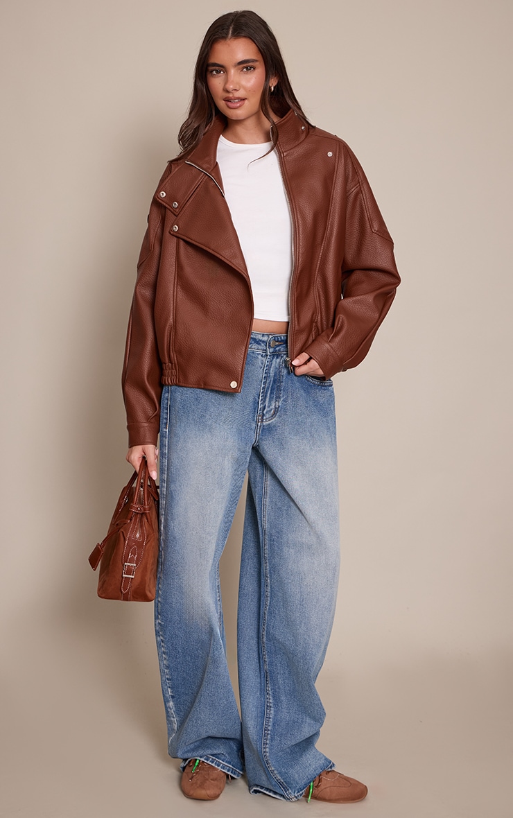 Tan Funnel Neck Faux Leather Biker Jacket image 3