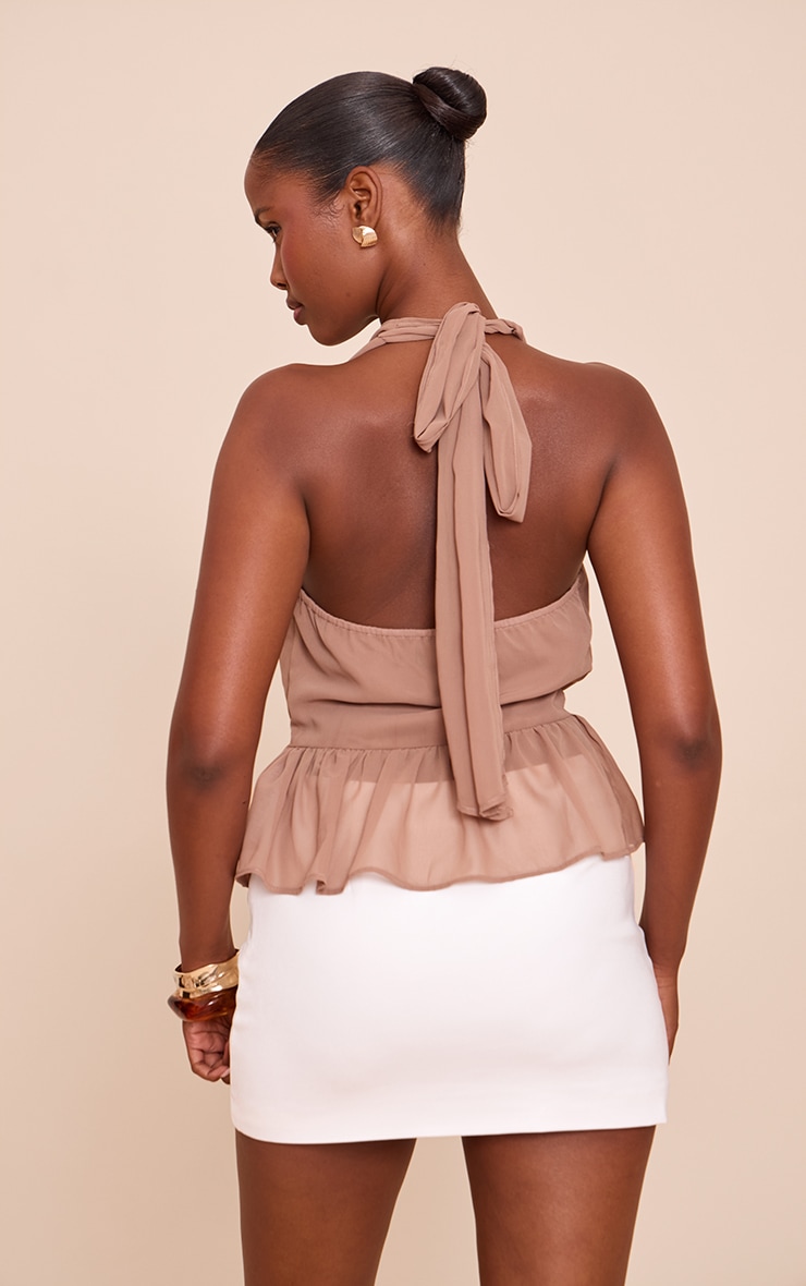 Mocha Chiffon Cowl Peplum Hem Halterneck Top image 2