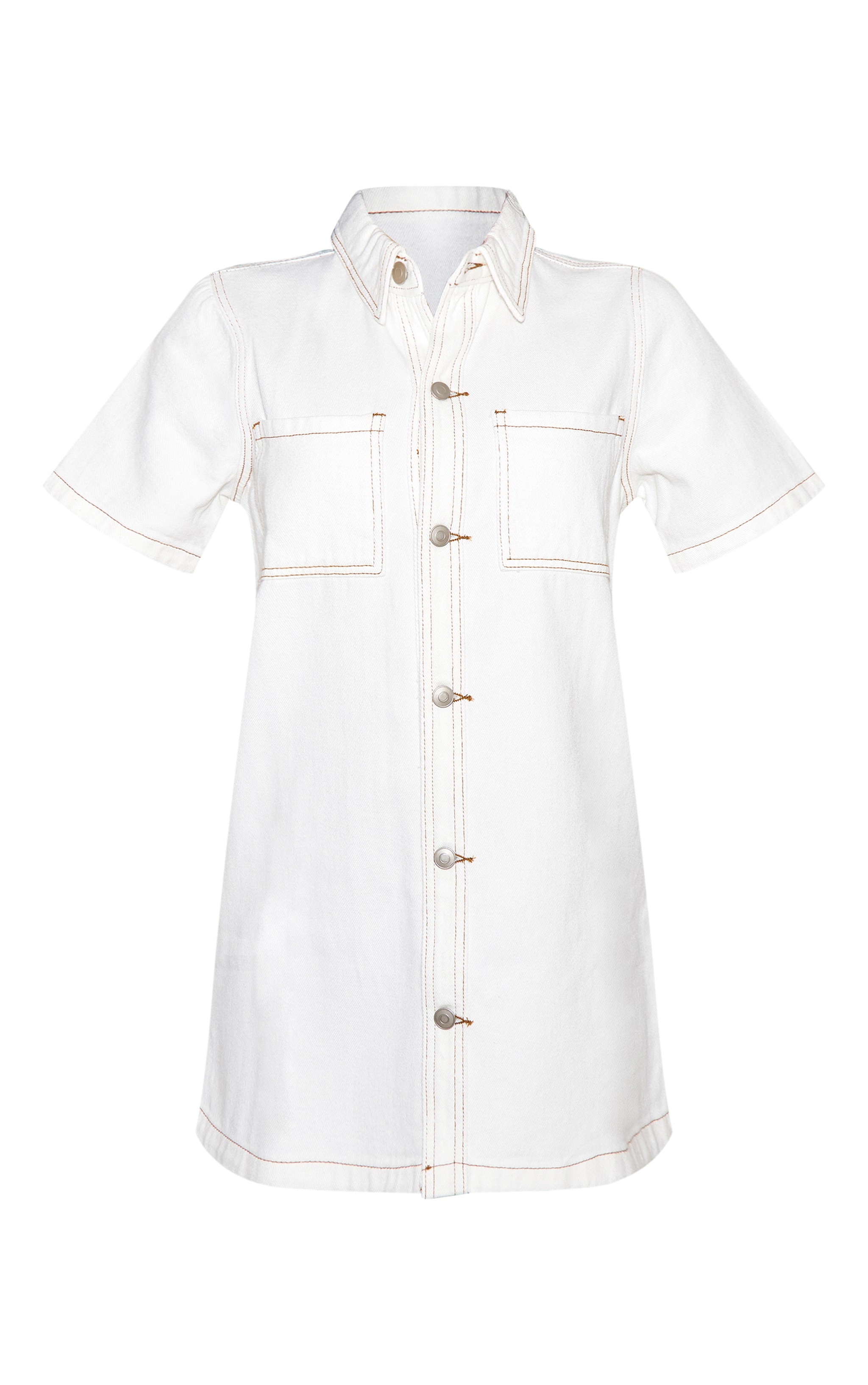 White Contrast Stitch Denim Shirt Dress image 5