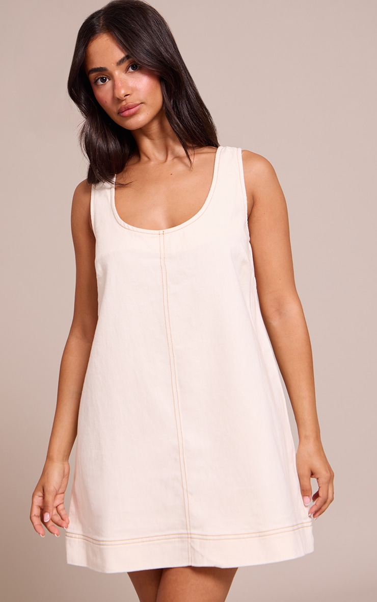 Petite Ecru Denim Sleveless A-line Mini Dress image 1