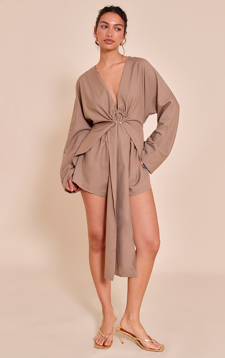 Mushroom Woven Trim Detail Plunge Drape Romper image 1