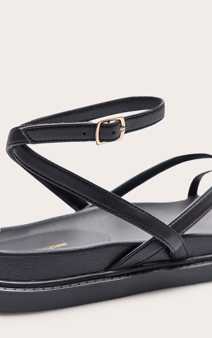 Black Pu Round Toe Thong Footbed Ankle Strap Flat Sandals image 5