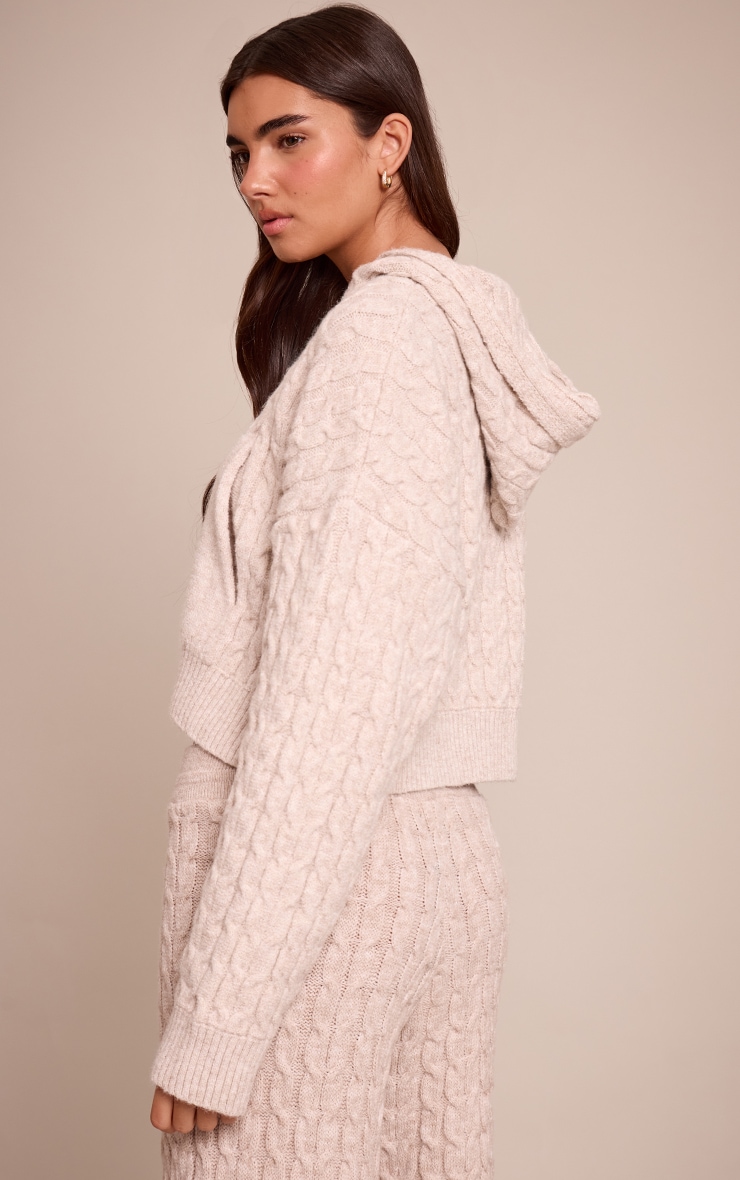 Oatmeal Cable Knit Cropped Hoodie  image 2