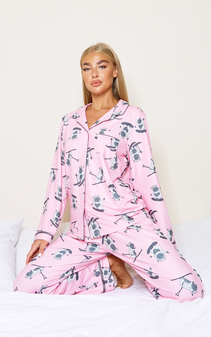 Pink Skiing Yeti Print Button Down Long PJ Set