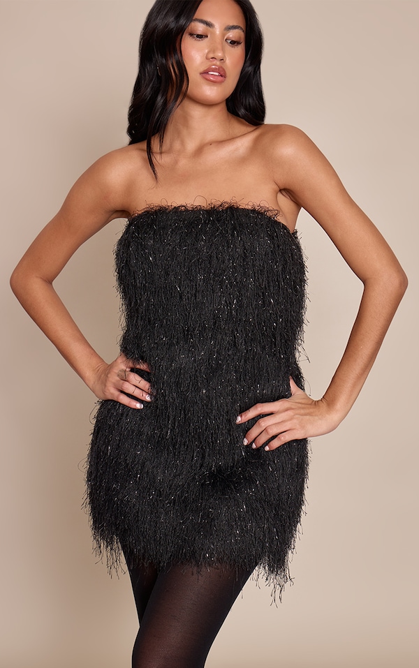 Black Glitter Fringe Bandeau Bodycon Dress