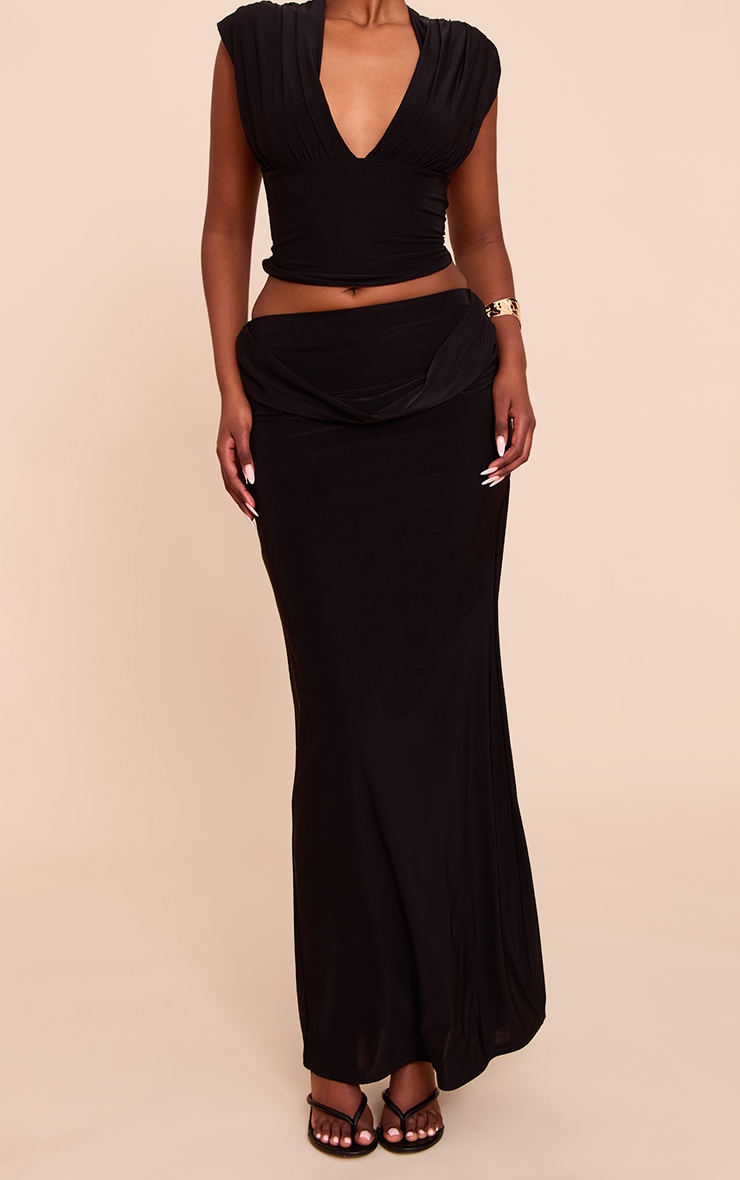 Black Double Layer Slinky Drape Waist Maxi Skirt image 2
