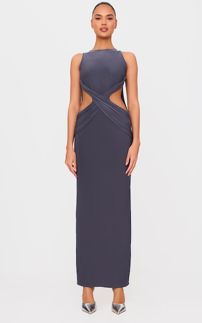 Charcoal Double Layer Slinky Twist Front Maxi Dress
