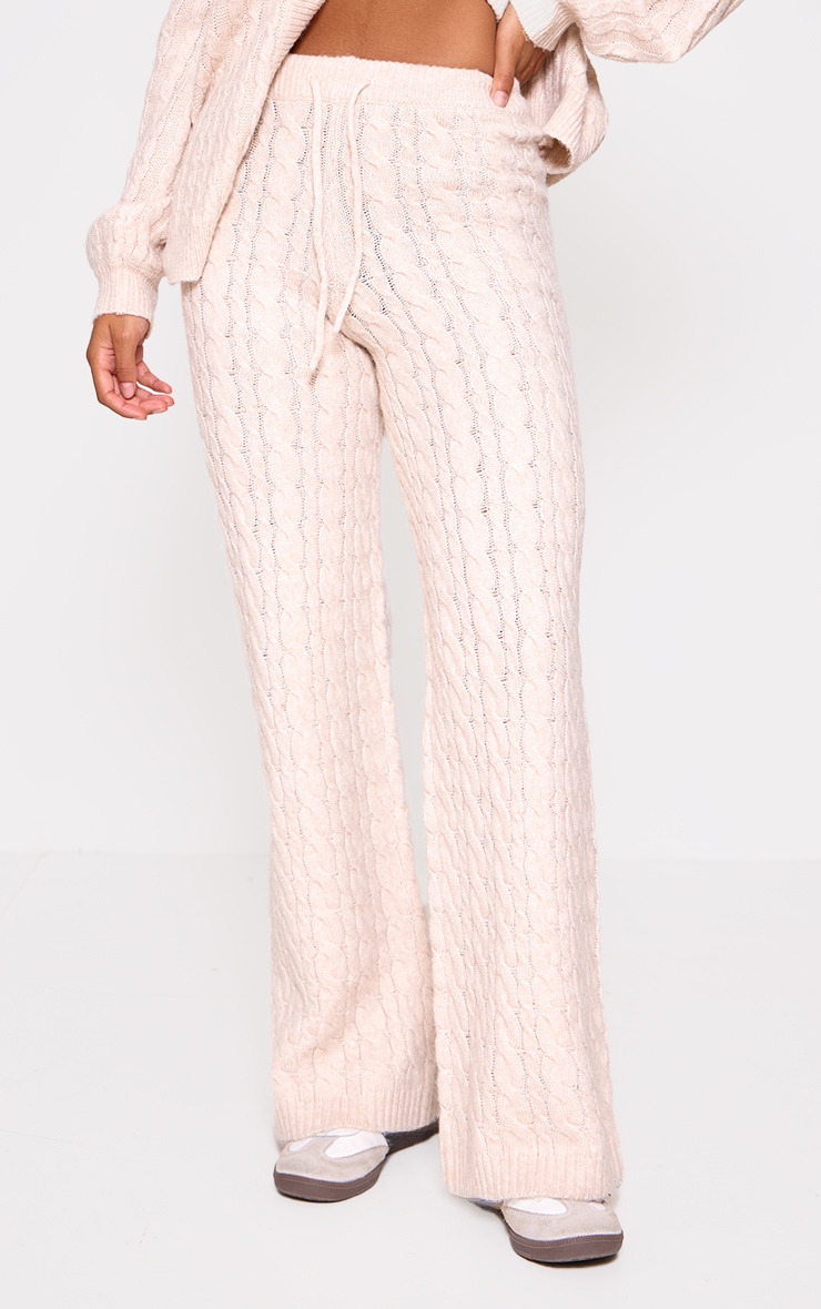 Oatmeal Cable Knit Drawstring Waist Pants image 2