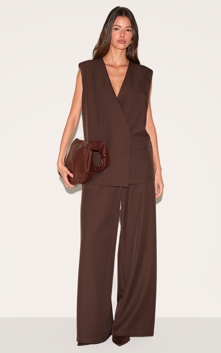 Gilet tissé chocolat sans revers à épaulettes oversize image 3