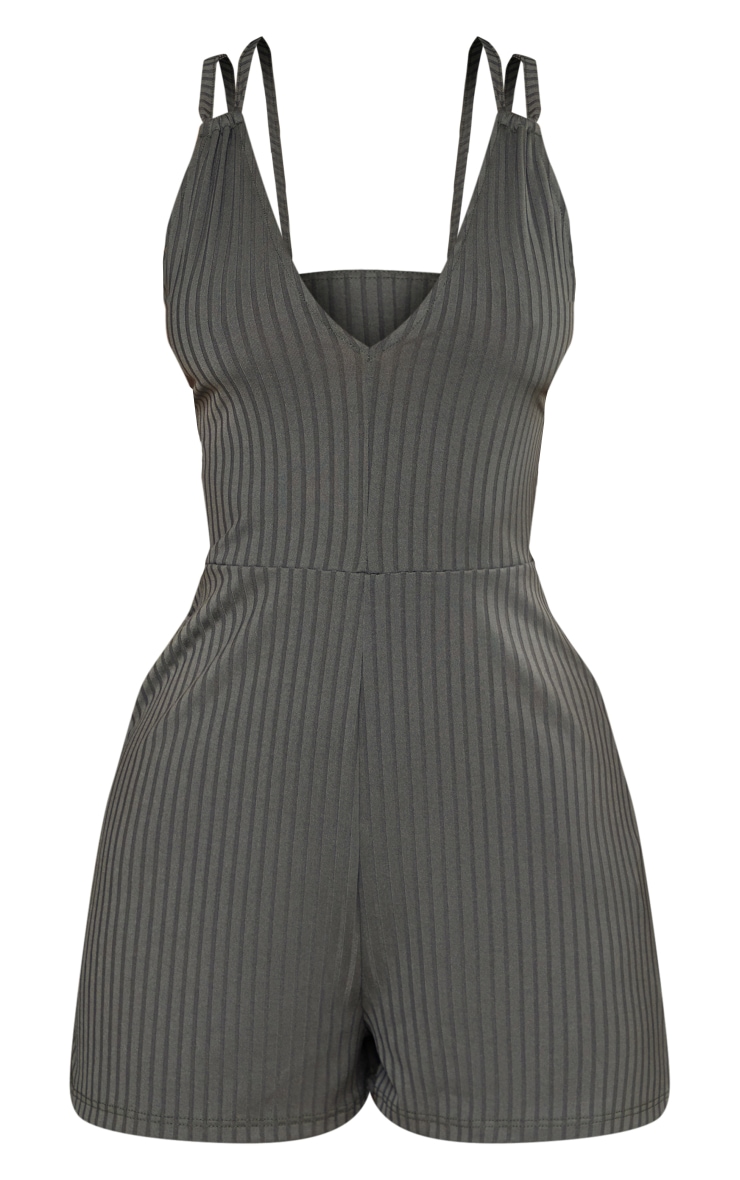 Petite Khaki Double Strap Rib Plunge Romper image 5