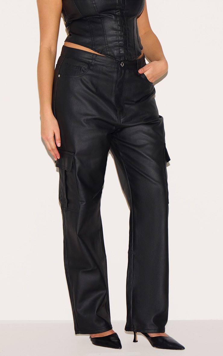 Plus Black Coated Denim Cargo Jeans image 2