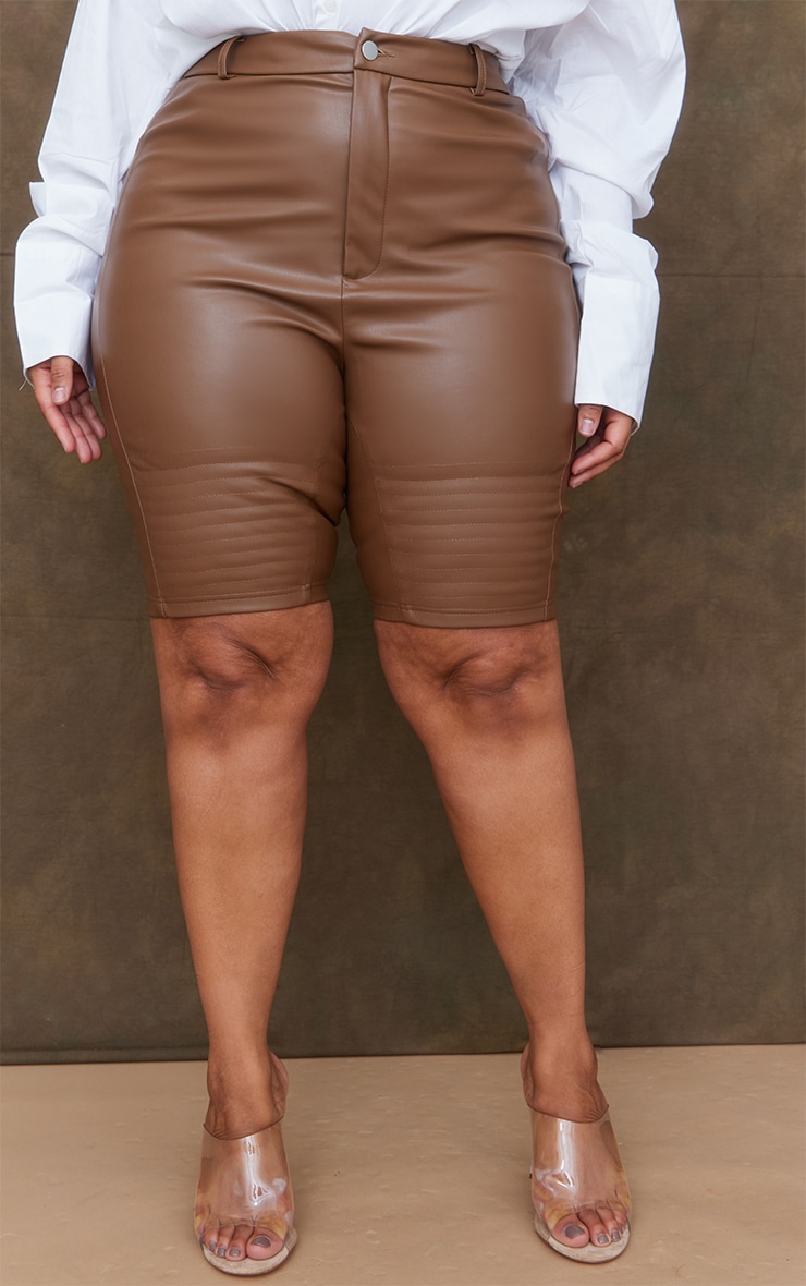 Plus Chocolate Faux Leather Tailored Seam Detail Shorts image 1