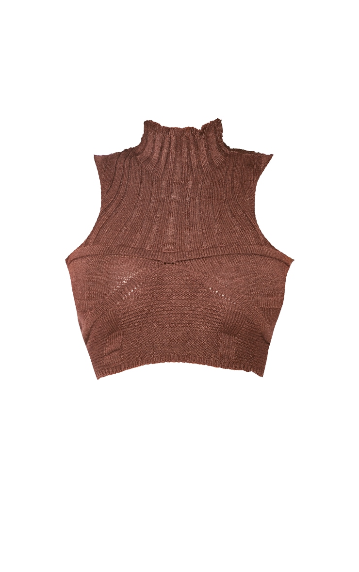 Petite Chocolate Knitted Cup Detail High Neck Crop Top image 5