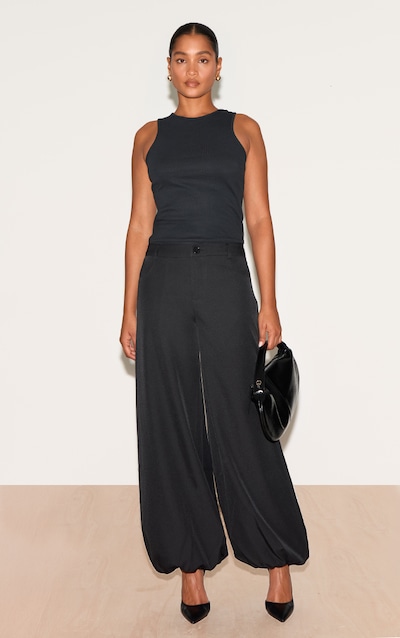 Black Woven Puffball Cuffed Trousers