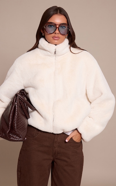 White Plush Faux Fur Cropped Bomber Style Coat