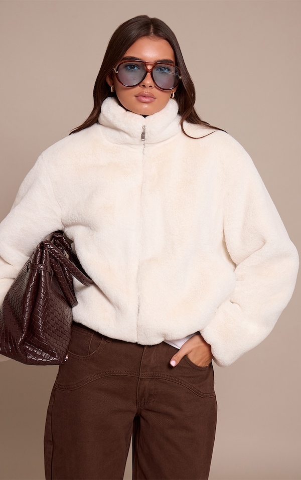White Plush Faux Fur Cropped Bomber Style Coat