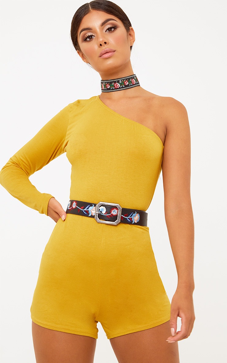 Mustard One Shoulder Romper Rompers PrettyLittleThing USA