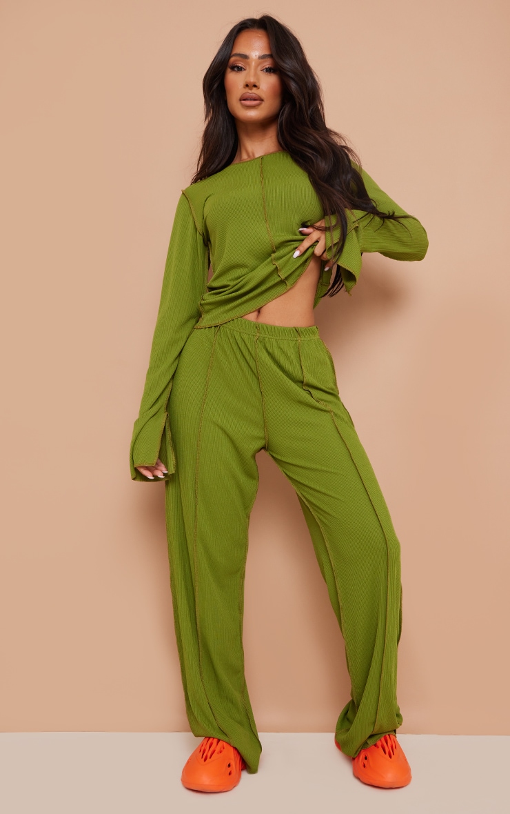 Petite Olive Ribbed Seam Detail High Waisted Wide Leg Pants image 1