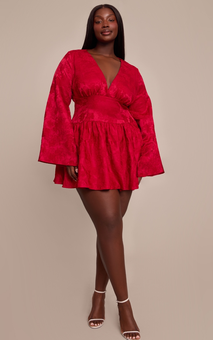 Plus Red Floral Jacquard Flute Sleeve Mini Dress image 3
