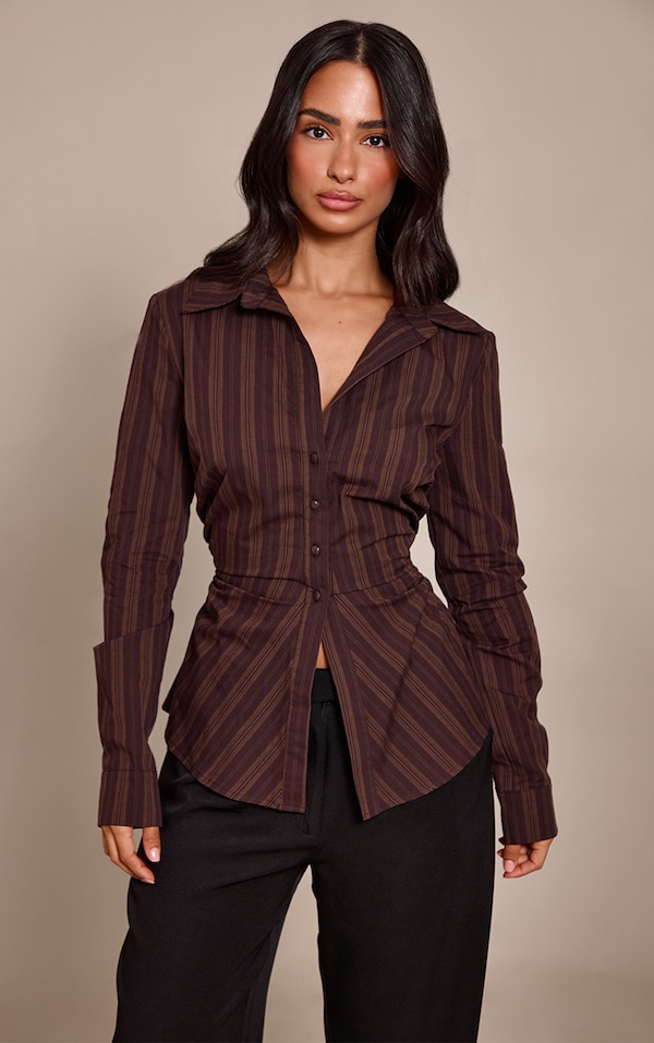 Petite Chocolate Stripe Cinched Shirt