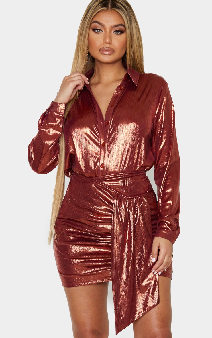 Bronze Metallic Ruched Mini Skirt