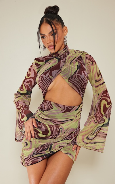 Multi Marble Print Mesh Cut Out Flared Sleeve Bodycon Dress
