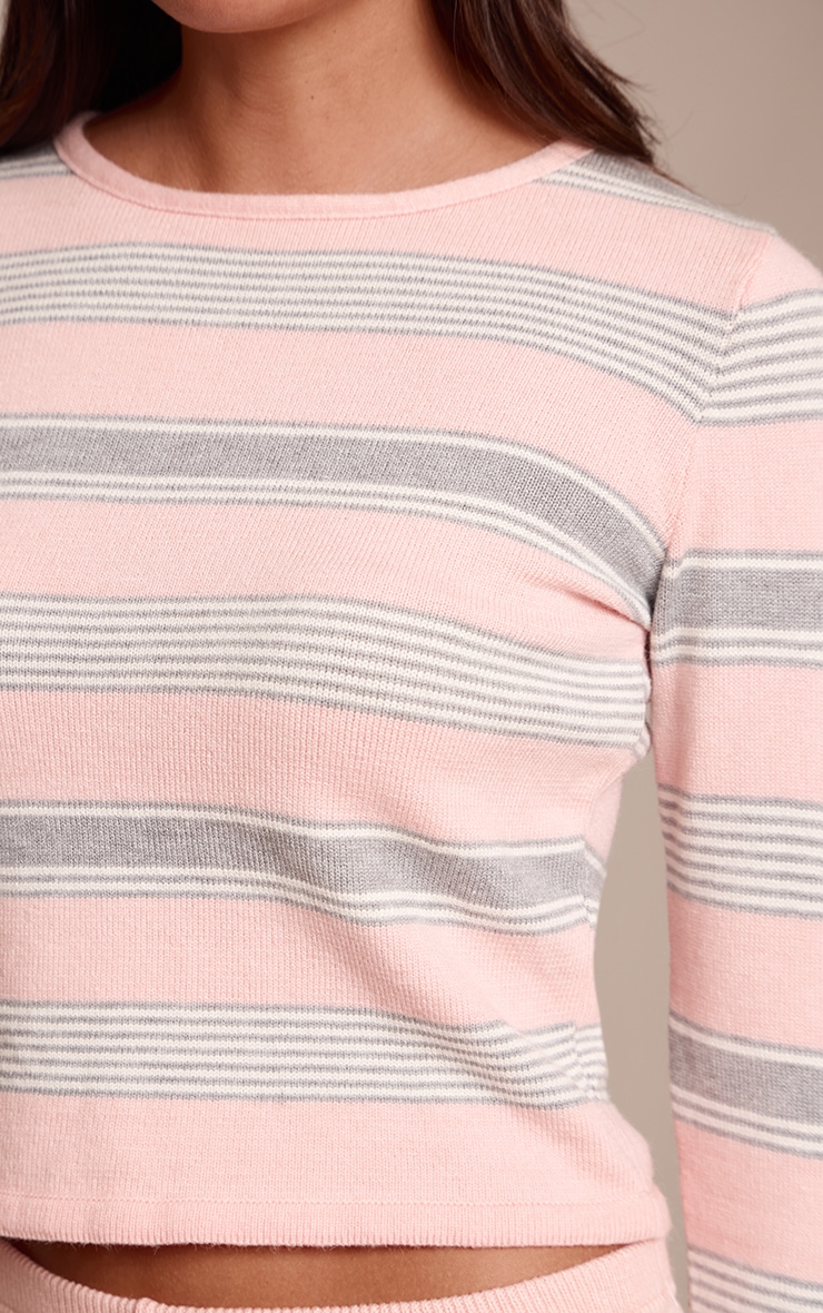 Pink Striped Long Sleeve Knitted T-Shirt image 4